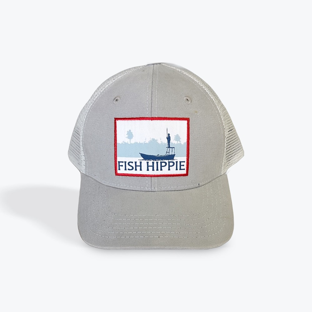 Fish Hippie Gray Trucker Hat Fishing Boating Patch Logo Adjustable‎ Cap